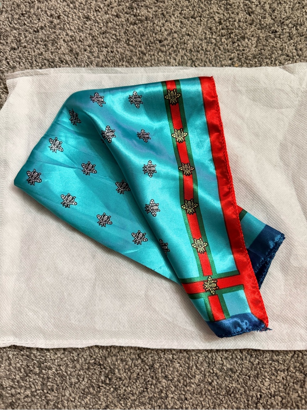 Turquoise Satin Bee-Print Scarf with Red Border